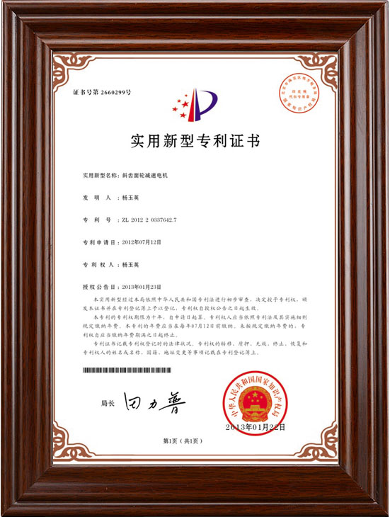 斜齿面轮减速电机专利证书